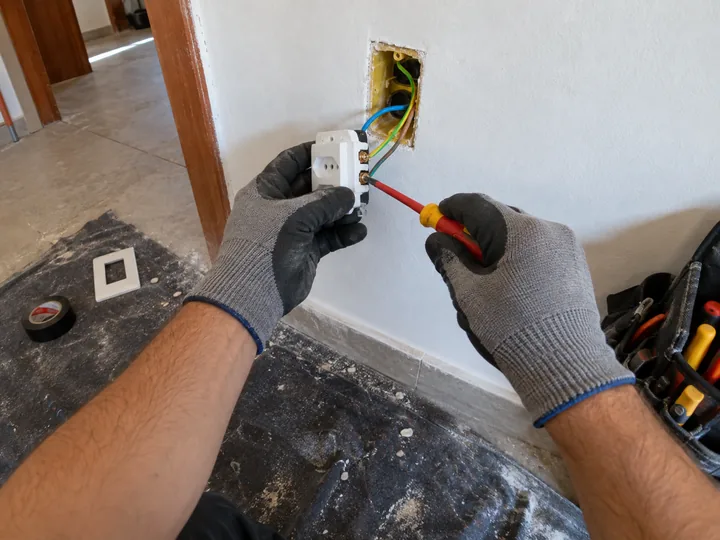 Gloved hands wiring a wall outlet with a screwdriver