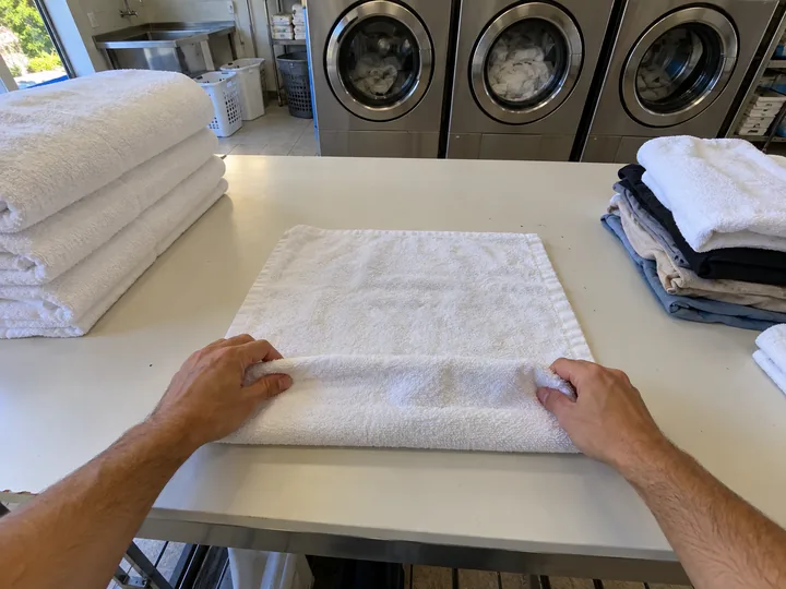 Hands folding a white towel on a laundry table, front-loading washers ahead