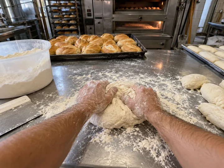 Hands kneading bread dough on a floured steel bench, trays of rolls and an oven ahead