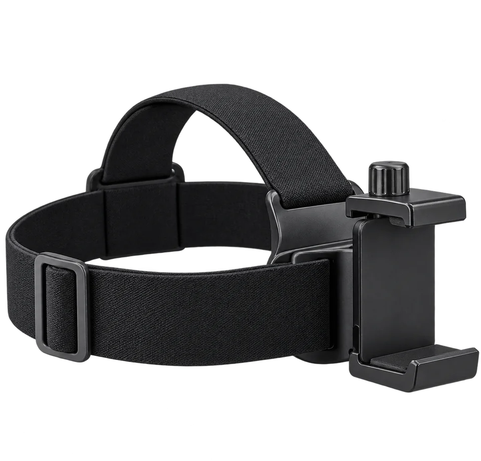 Black head mount with an elastic strap and a phone clamp